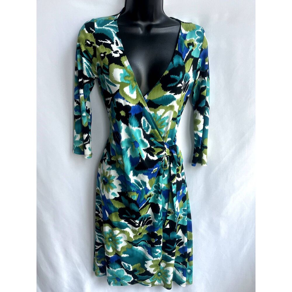 Lily Wrap Dress Size XS Multicolor Green Blue Surplice Classy Y2K 90s Floral